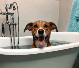 Perro feliz en la bañera durante un baño relajado
